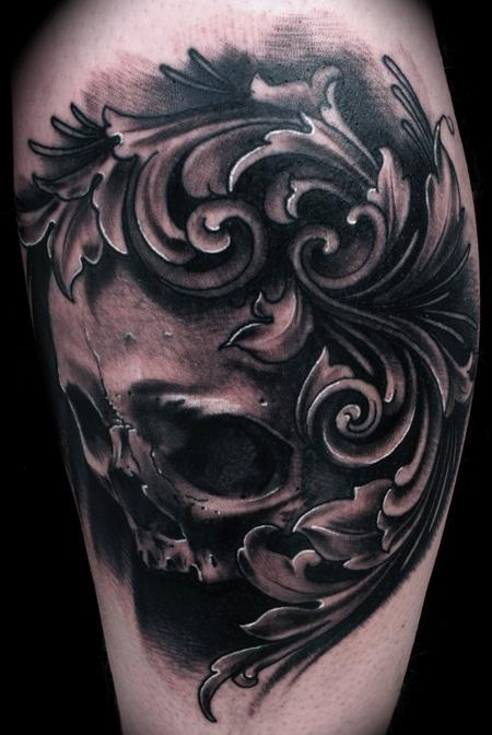 Brent Olson - Skull and Filigree Black and Grey Tattoo Brent Olson Art Junkies Tattoo